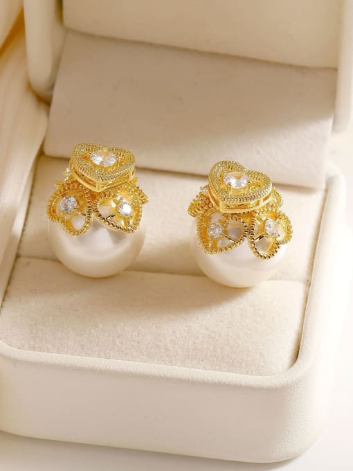 14k gold [925 silver needle] Brass Imitation Pearl Heart Dainty Stud Earring
